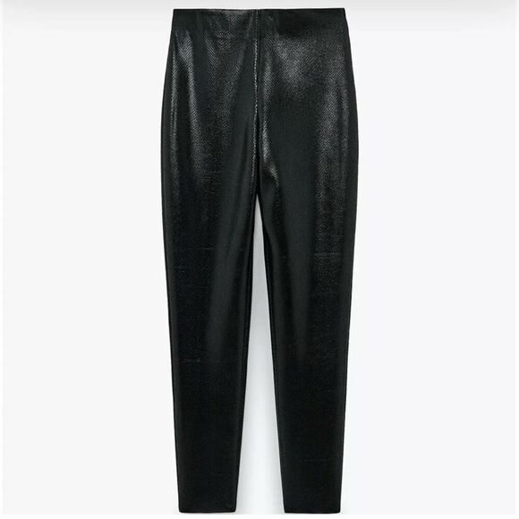 ZARA Black XL Snakeskin Embossed Embossed Hi- Rise Leggings 9640/220 - Picture 1 of 13